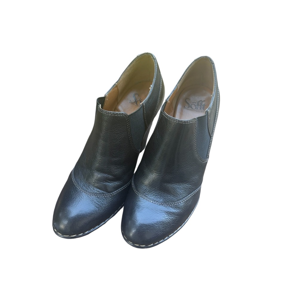 Sofft Leather Ankle Booties Women 7.5M Black EUC Contrast Stitch Cone Heel